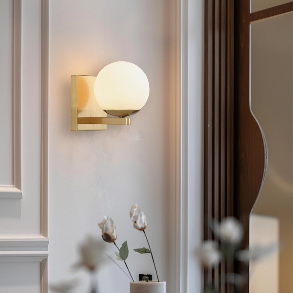 Gold Mid Centry Modern Wall Sconce, Globe Wall Sconce with Frosted Glass Lampshade, Brass Wall Light Fixture Living