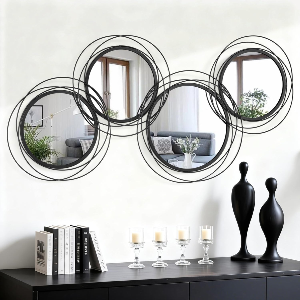 Black Wall Mirror Set, Metal Framed Round Mirror 4 Pack Circle Modern Decorative Mirrors Bedroom Bathroom Entryway