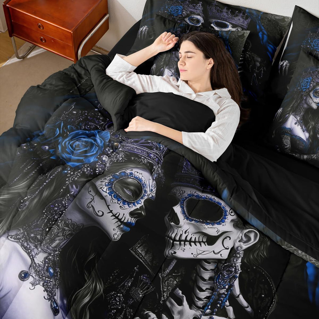 Sugar Skull Couple Bed in a Bag Queen Comforter Set 7 Piece, Vintage Gothic Bedding Sets Goth Skeleton Comforter and