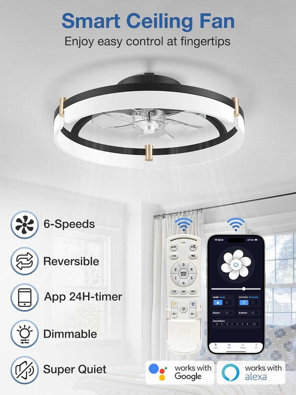 20" Smart Flush Mount Ceiling Fan with Light & Remote