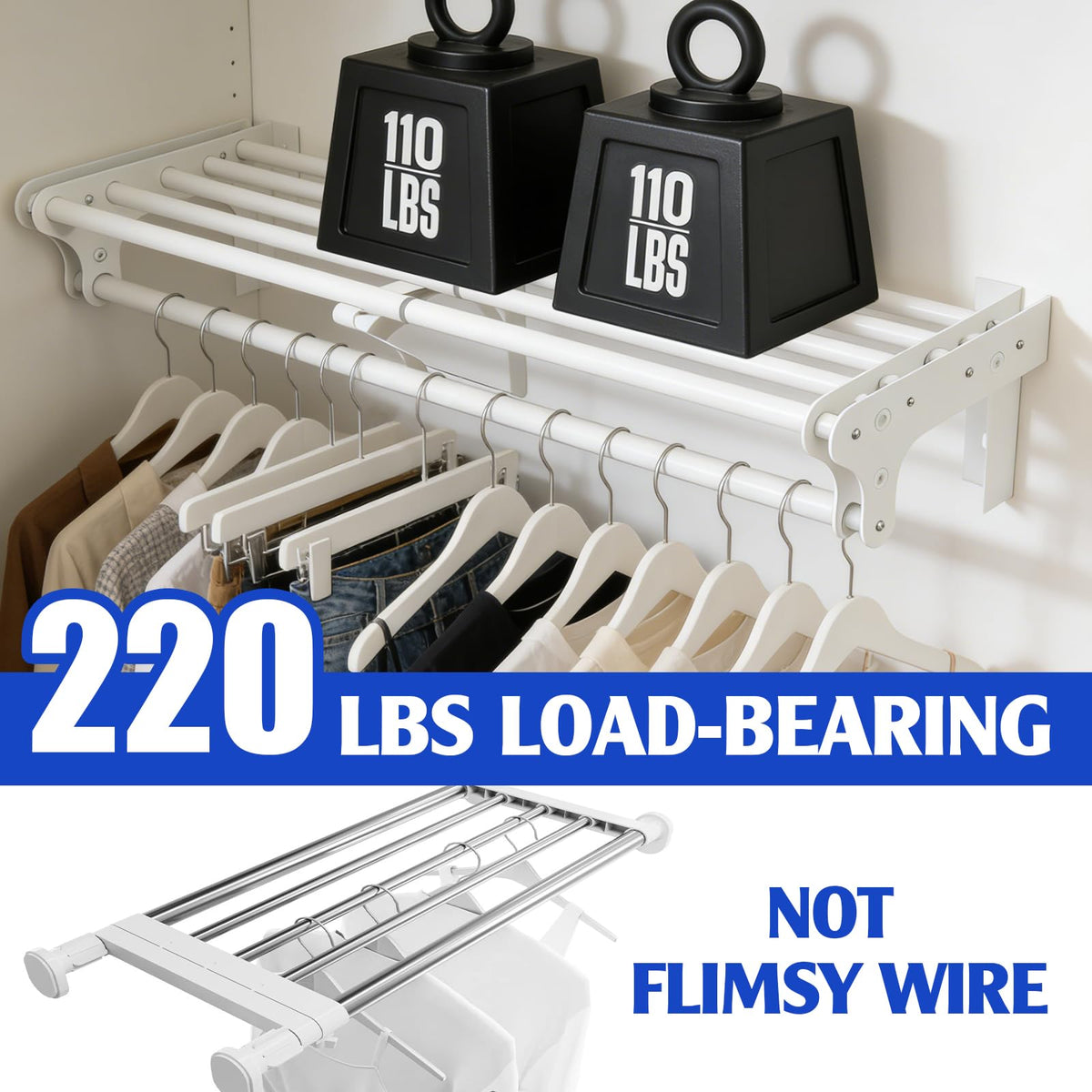 Closet Shelf with Hanging Rod, 52-95'' Expandable Closet Rod with Shelf