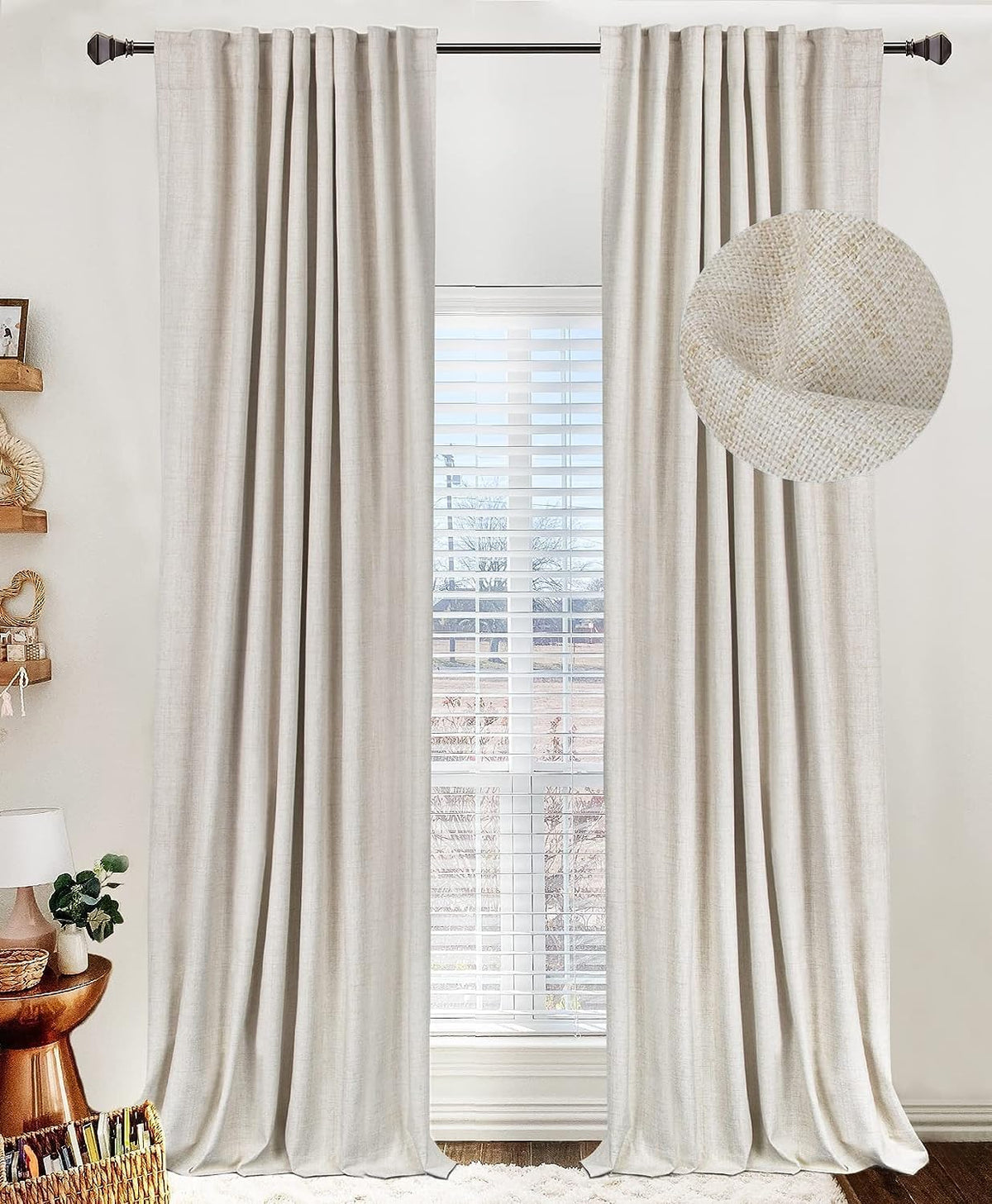 Linen Textured Total Blackout Curtains (Set of 2 Panels) for Bedroom, Back Tab/Rod Pocket Living Room Drapes, Thermal