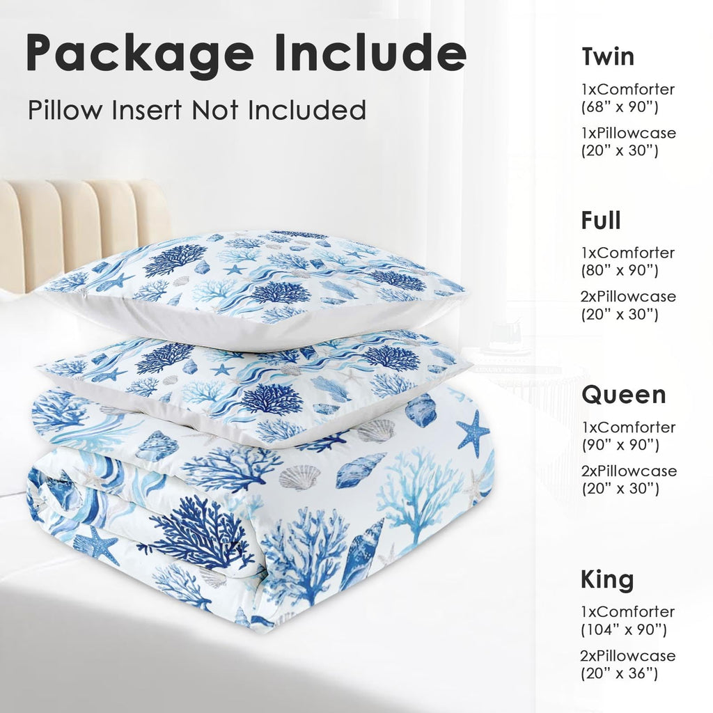 Comforter Set, 3 Pieces Coastal Ocean Bedding, All Season