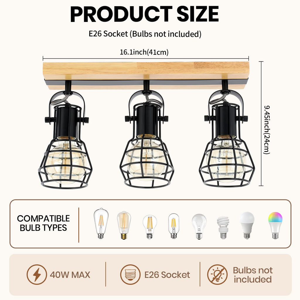 Farmhouse Wood Track Lighting Fixture with Adjustable Heads