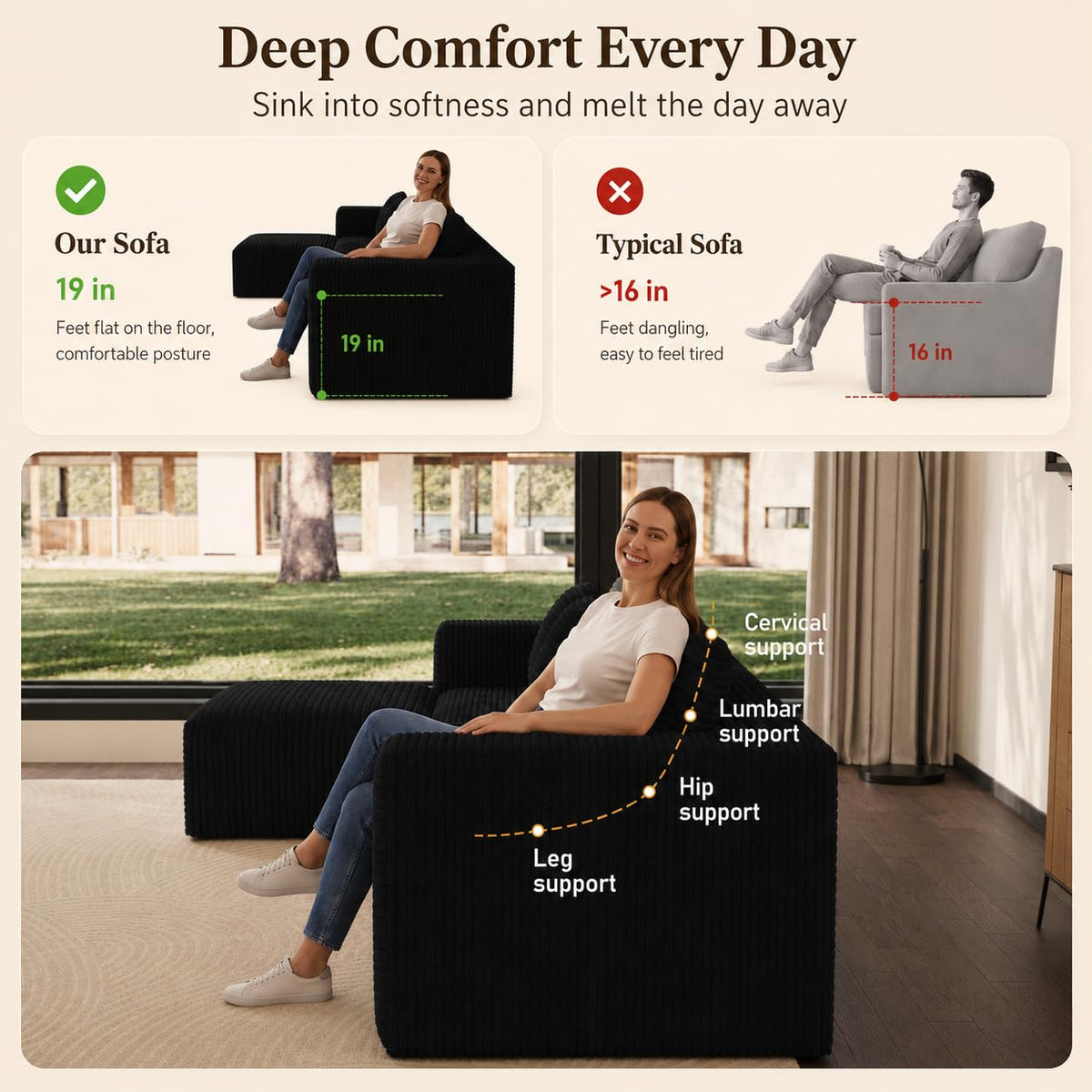 151" U Shaped Modular Sectional, Storage Console, 6 Seater, Light Black