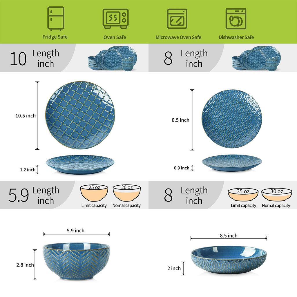 Ceramic Dinnerware Sets for 4, 16 Pieces Embossed Plates and Bowls Sets, Scratch Resistant Dish Set, Microwave, Oven