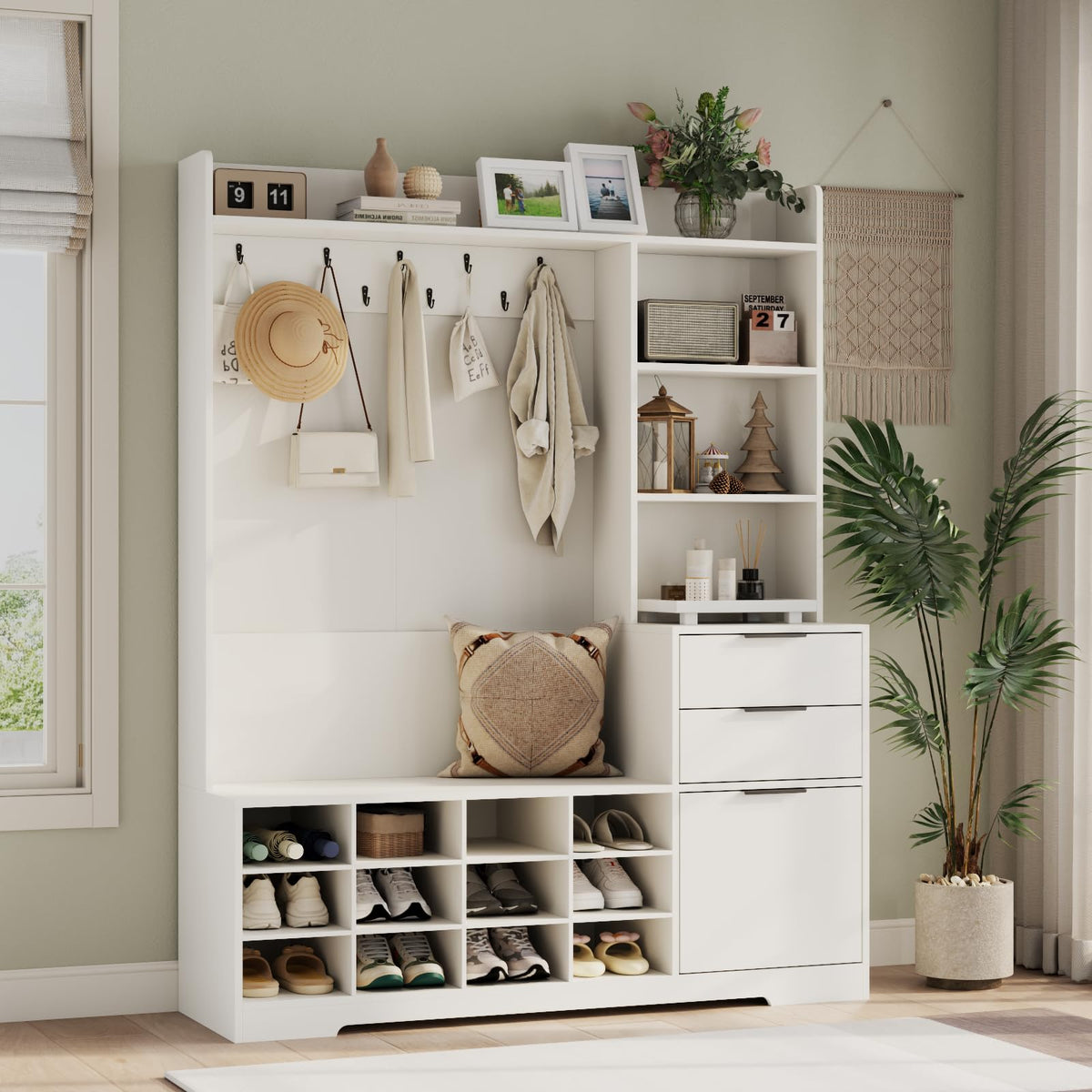 5-1 Hall Tree with Bench & Shoe Cubby, Farmhouse Entryway Mudroom Coat Rack