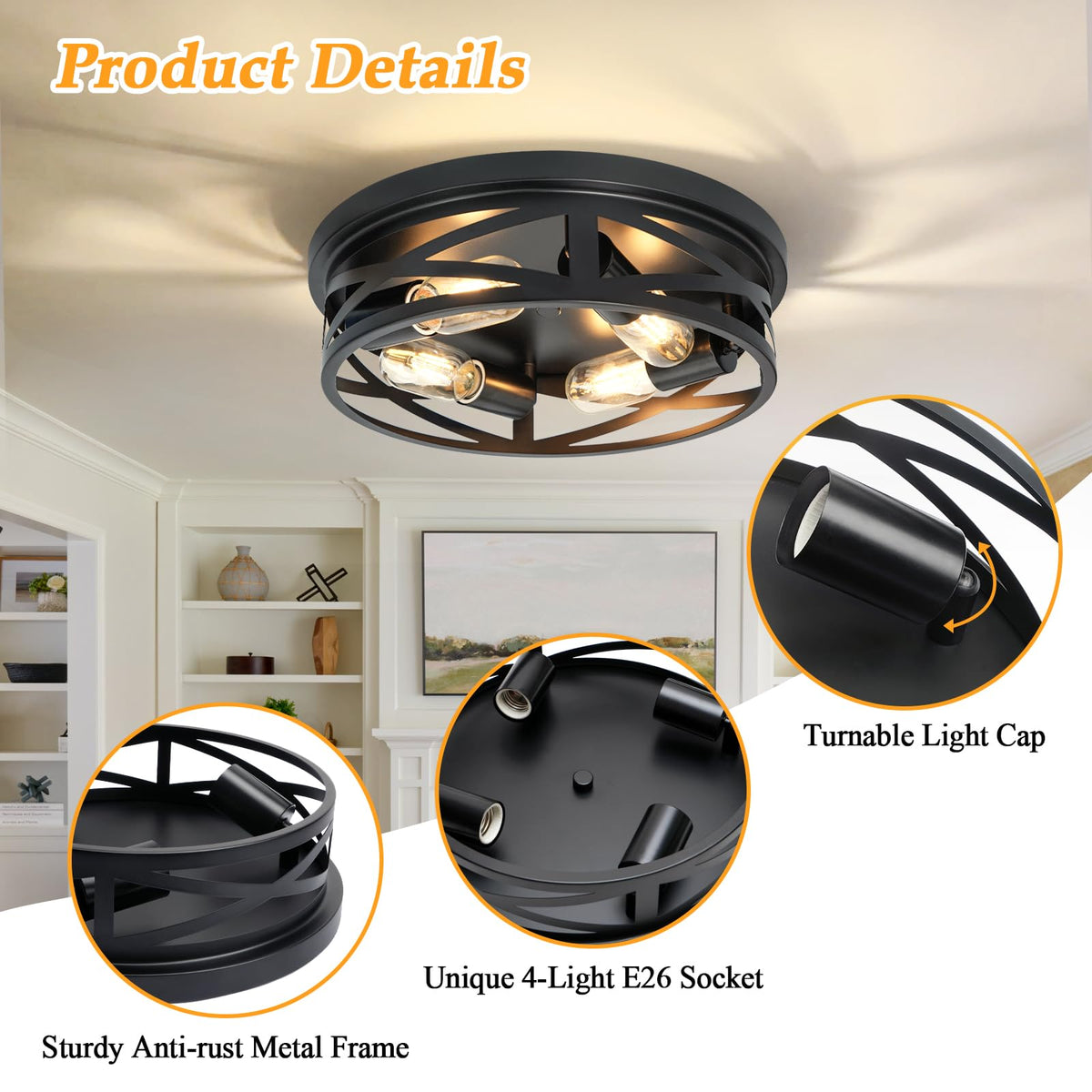 4-Light Flush Mount Ceiling Light Fixture, Farmhouse Ceiling Lights, Modern Black Close to Ceiling Light Bedroom