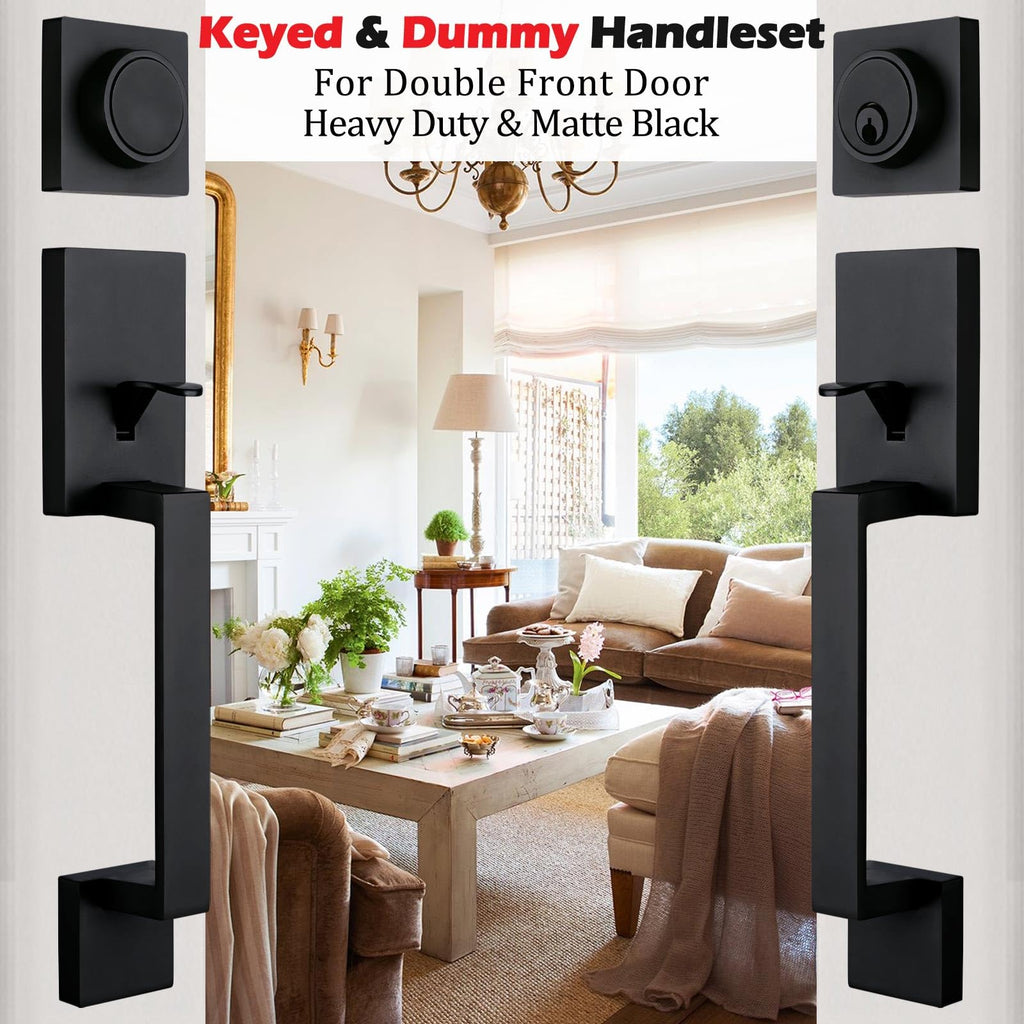 Front Double Door Traditional Style Keyed Entry Door Handleset with Lever Handle in Matte Black,(Keyed and Dummy