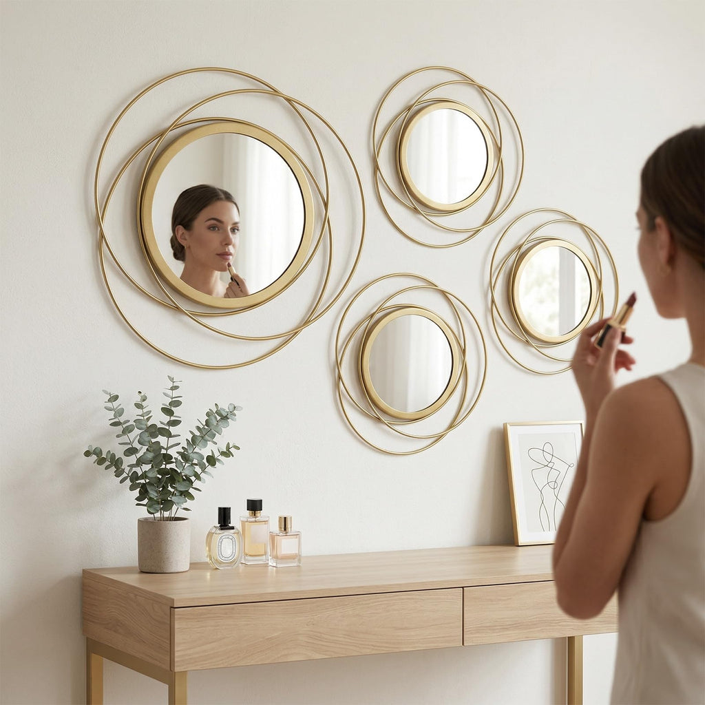 4 Piece Gold Round Wall Mirror Set Modern Metal Circles Decor