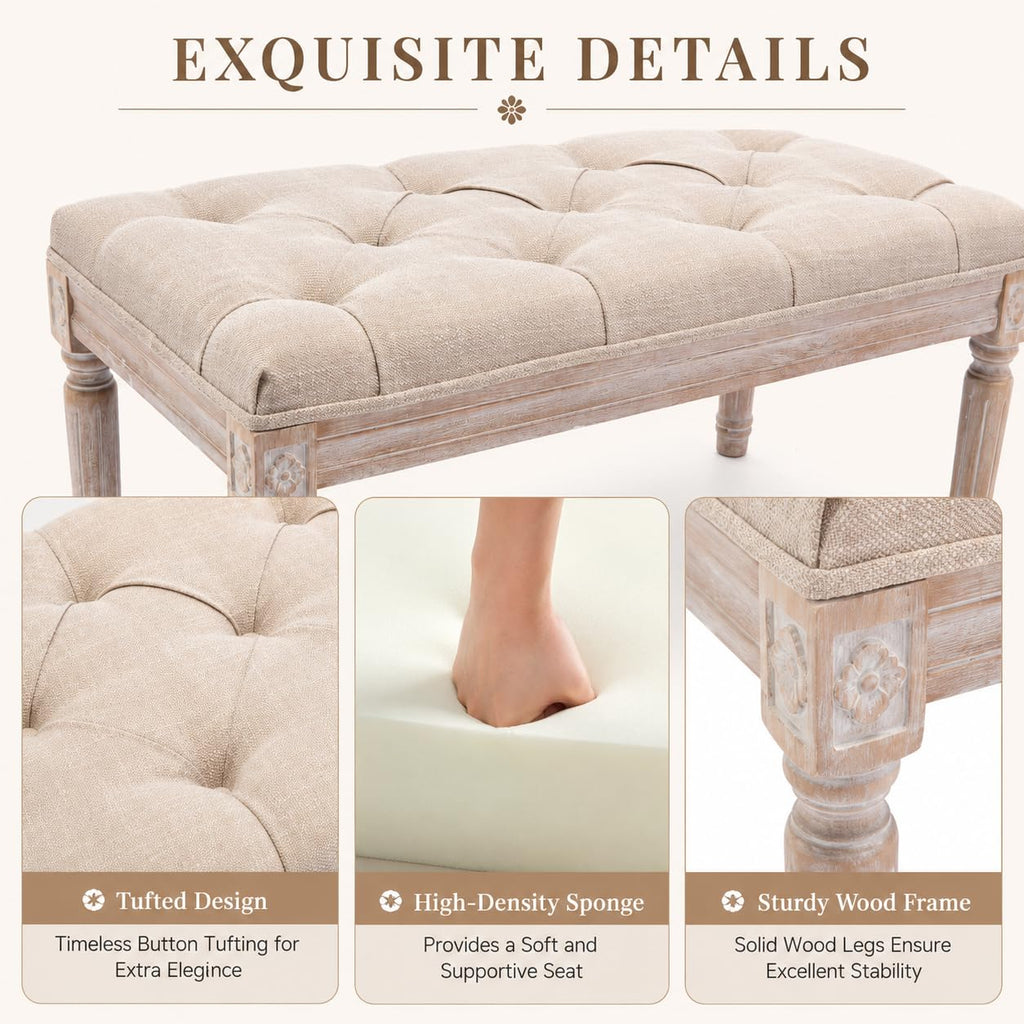 Fabric Entryway Bench with Button Tufted Seat and Rustic Wood Legs, Vintage Bedroom Bench End of Bed, Padded Extra