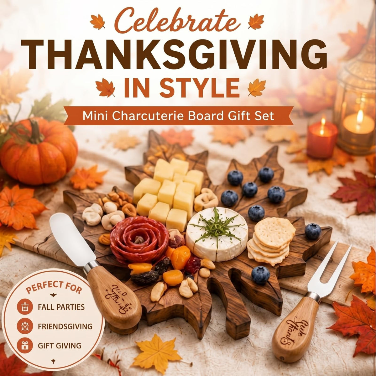 2 Sets Fall Maple Leaf Mini Charcuterie Board Gift, 8.3 x 7.5 in