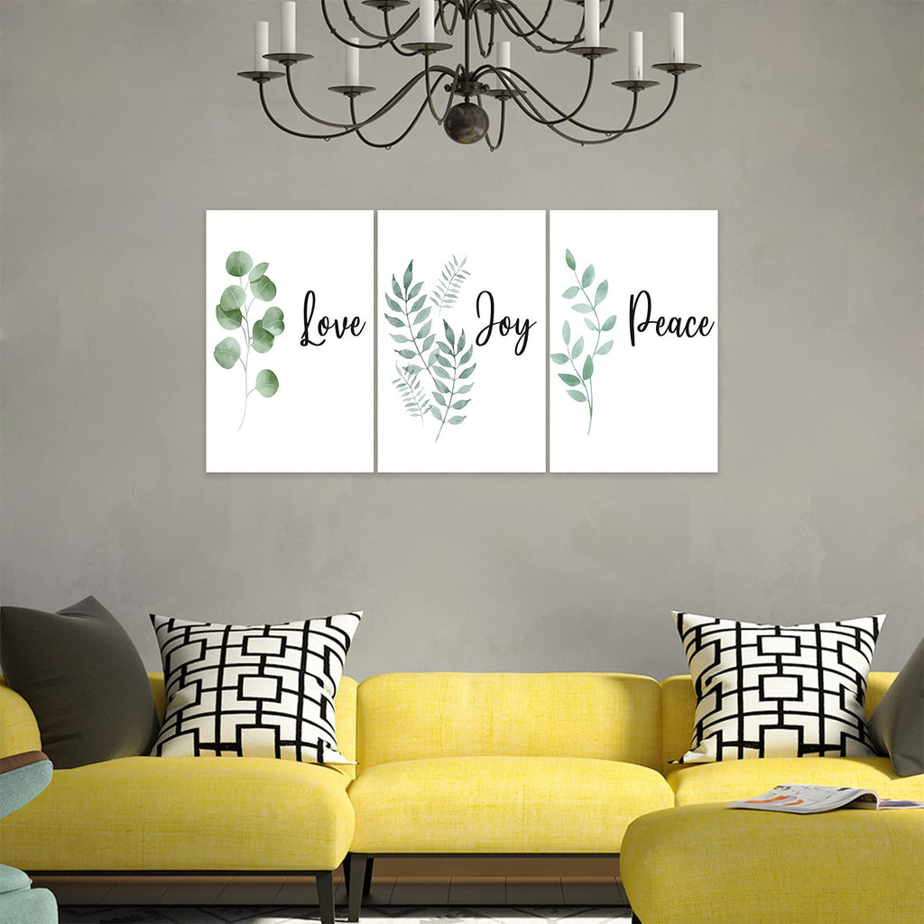 3 Piece Inspirational Wall Art, White Plants Background Picture, Quotes "Love Joy Peace" Canvas Print Decor, Triptych
