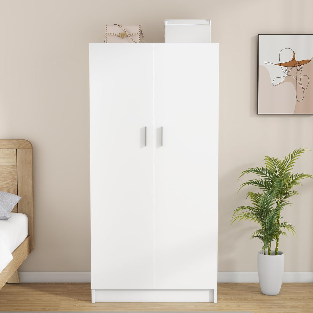 2 Door Wood Wardrobe Cabinet Closet with Hanging Rail and 2 Shelves, Bedroom Armoire for Storage (White)