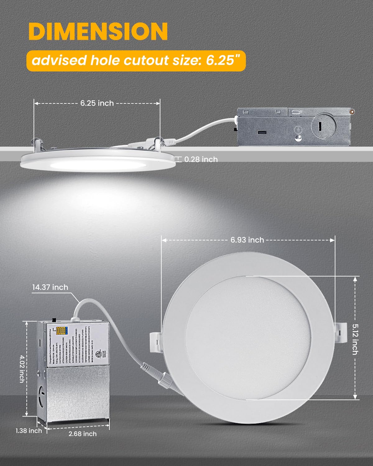Recessed Ceiling Light 6 Inch - with Night Light, 1000LM Dimmable Downlight, 12W 5CCT 2700K-6000K & 3W