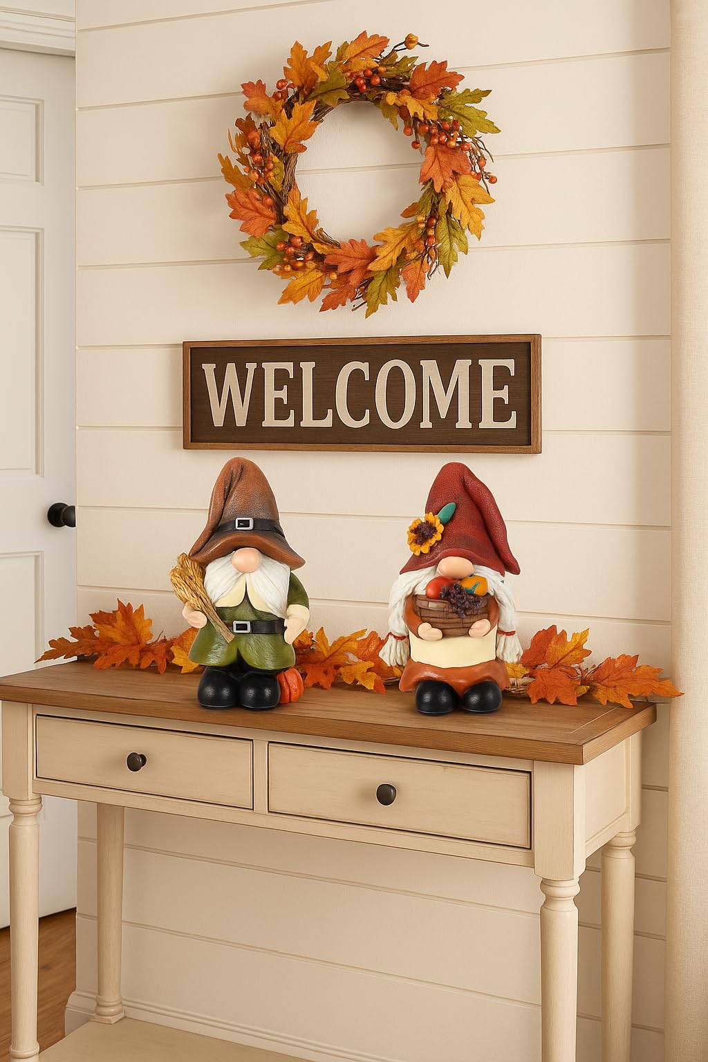 Thanksgiving Decorations Fall Figurines - 2 Pack Resin Harvest Figurines with Pumpkins, Wheat & Basket, Autumn Home