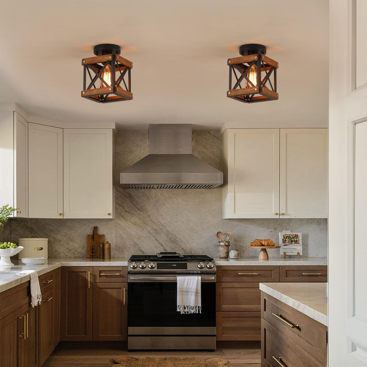 Farmhouse Wood Flush Mount Ceiling Light Fixture Oak Wood and Metal Square Cage Small Semi Flush Mount Ceiling Light