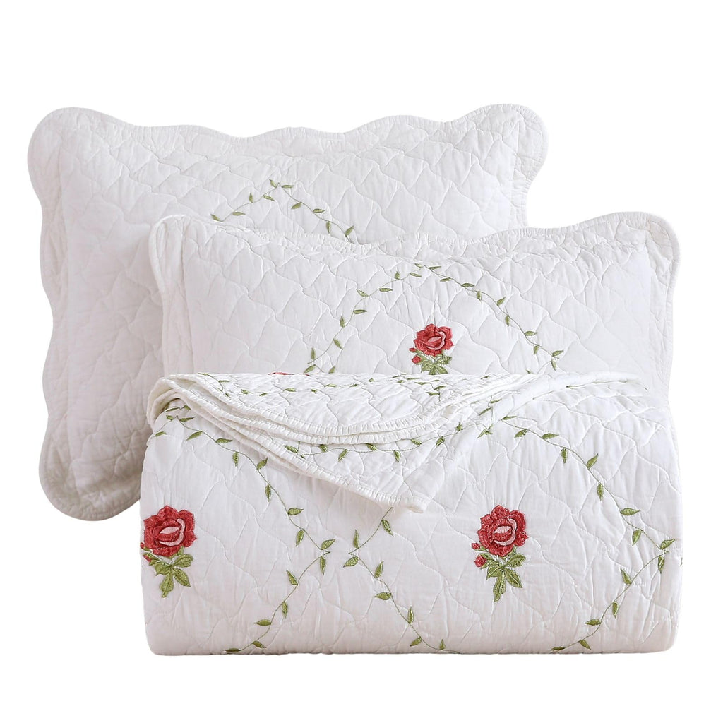 3-Piece Elegant Flower and Leaf Embroidered Bedspread Coverlet Set Oversize Queen 100% Cotton Reversible Patchwork 1
