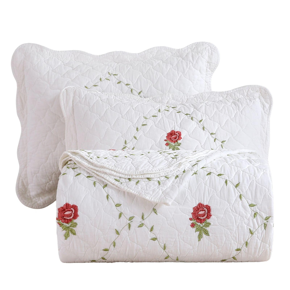 3-Piece Elegant Flower and Leaf Embroidered Bedspread Coverlet Set Oversize Queen 100% Cotton Reversible Patchwork 1