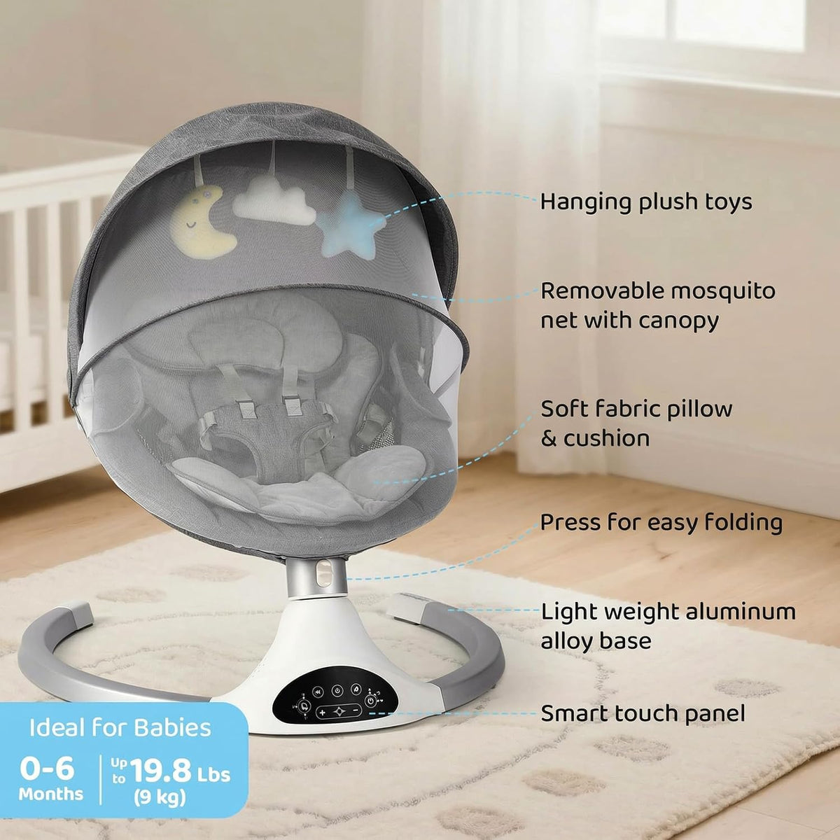 Baby Swings for Infants with Adjustable Speeds and Timer, Bluetooth