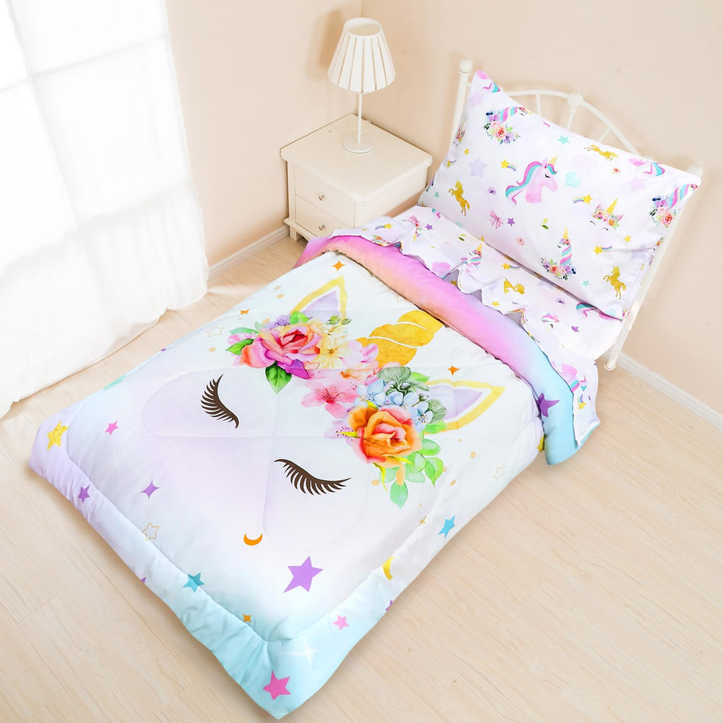 Toddler Bedding Sets for Girls, Unicorn Toddler Crib Bedding Set 4 Piece Pink Floral Toddler Comforter Set Includes