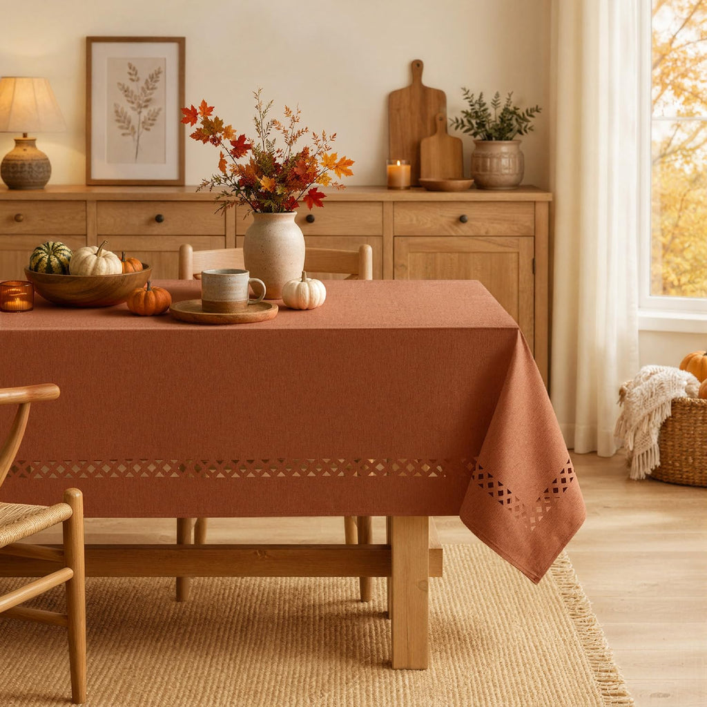 Rust Fall Rectangle Tablecloth with Decorative Cutouts 60x84 Inch