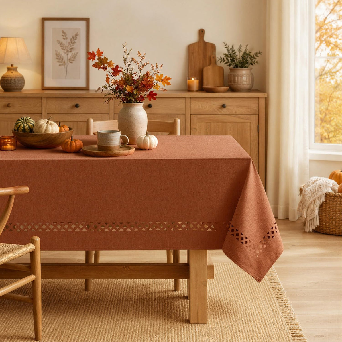 Rust Fall Rectangle Tablecloth with Decorative Cutouts 60x84 Inch