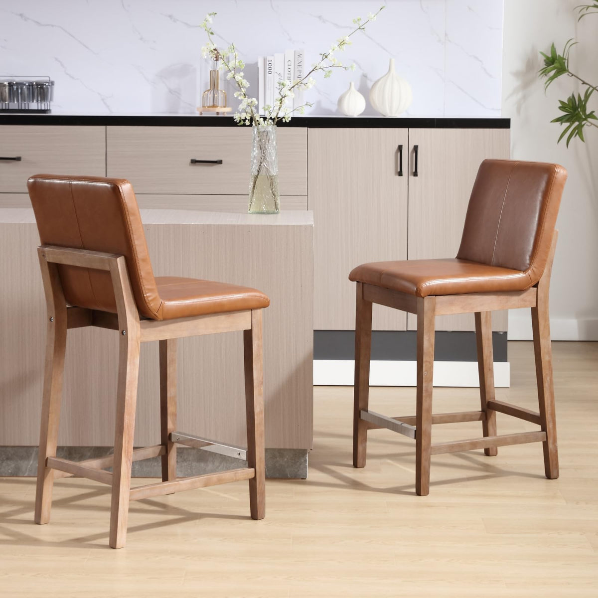 Counter Height Bar Stools Set of 6 Faux Leather Upholstered Kitchen Island Stools with Back and Distressed Wood Legs