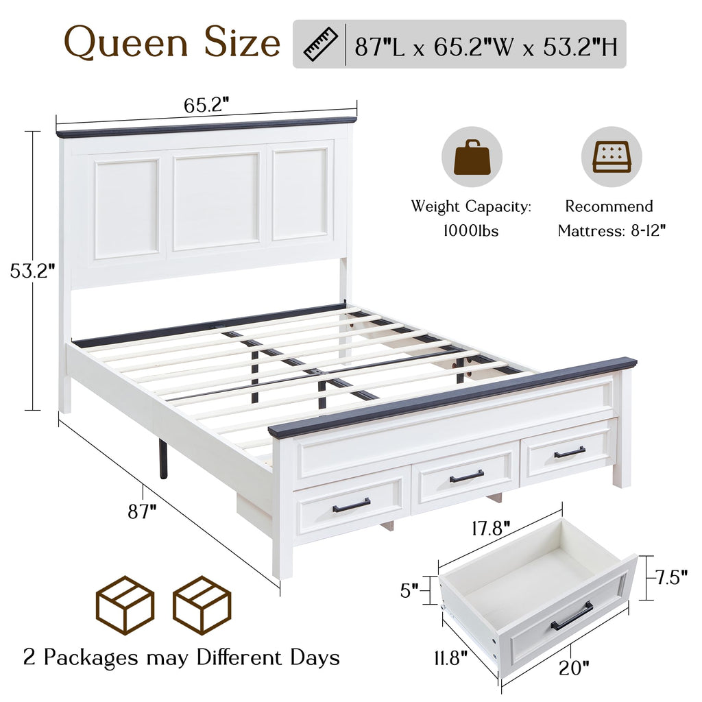 Farmhouse Bed Frame with 53" Tall Headboard, Off White