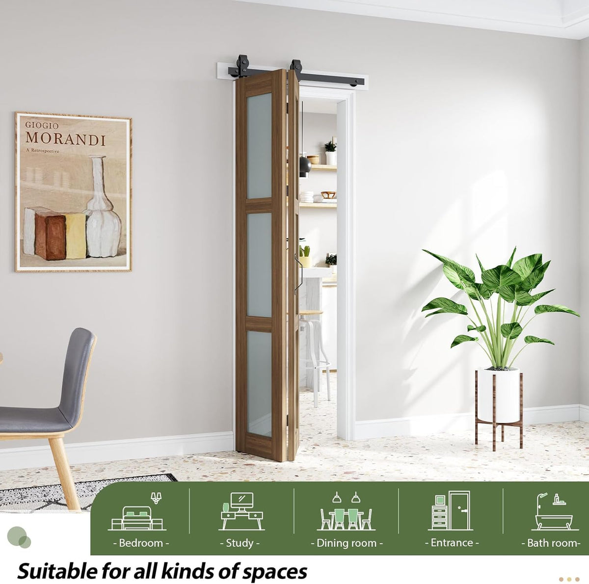 Bifold Barn Doors 30X84 (Double 15x84) with Frosted Glass and Hardware Kit Included, Brown,for Bedroom,Bathroom