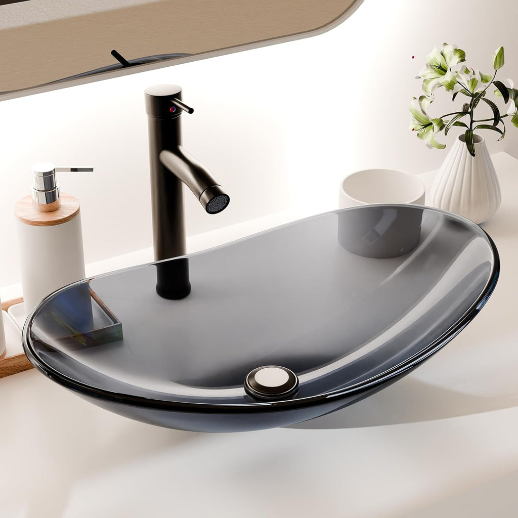 Vessel Sink Bathroom Sinks Tempered Glass Art Basin 20.8"x13.7" Oval Bowl Above Counter with Faucet and Pop-Up Drain