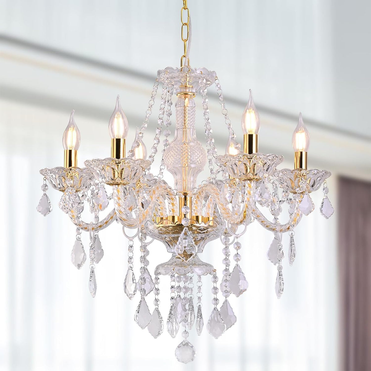 Six-Light Modern Crystal Chandelier Pendant with Clear Faceted Drops