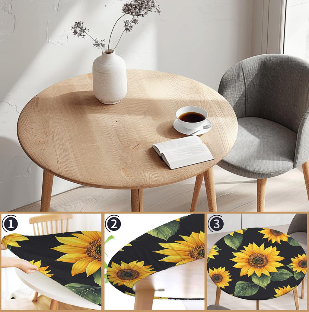Elastic Edged Round Fitted Sunflower Table Cloth Cover for Indoor Outdoor Kitchen Party 60 * 60 Inch Tablecloth