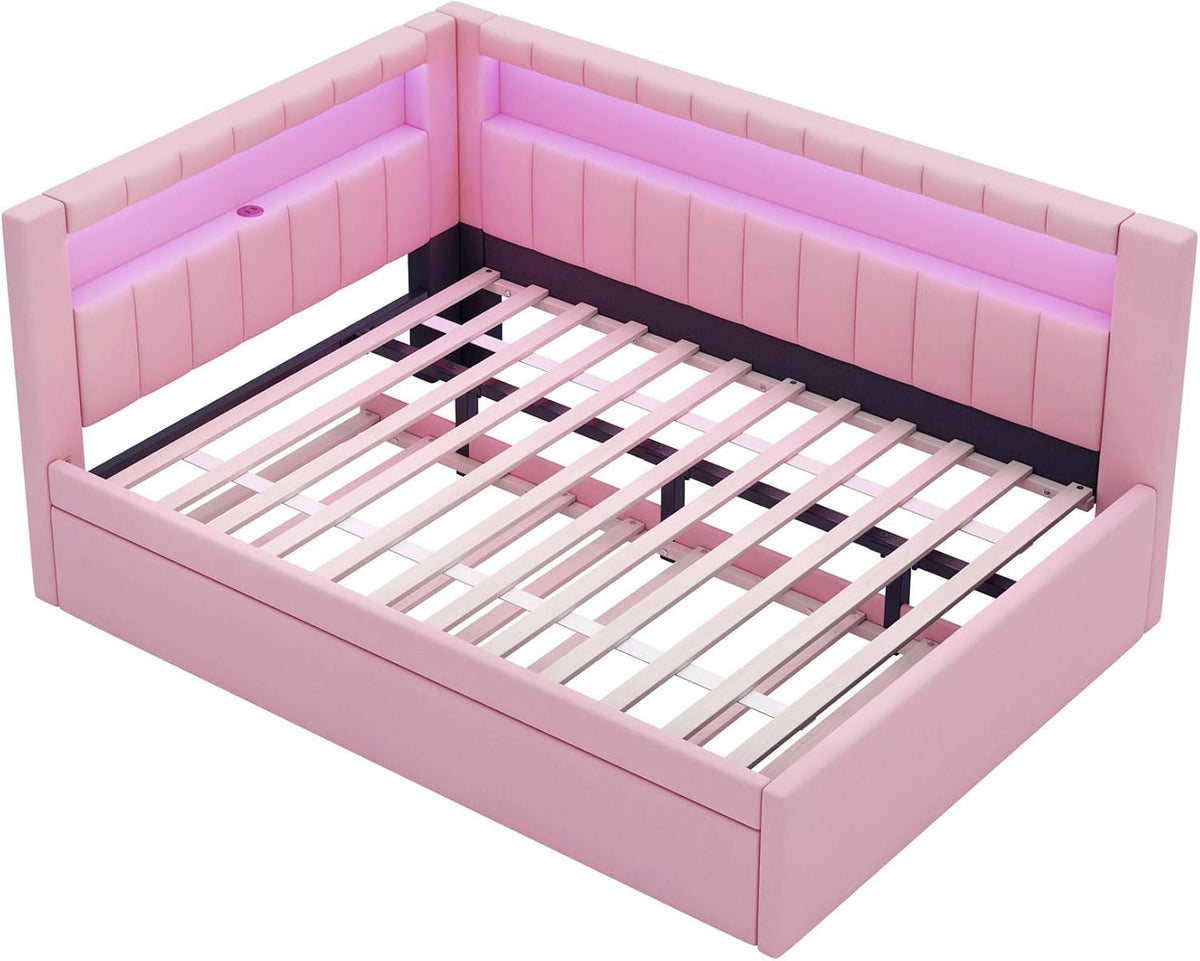 Full Size Upholstered Daybed with Trundle for Kids Bedroom,Super Cute Wooden Bedframe w/Led & USB Ports Design,Easy