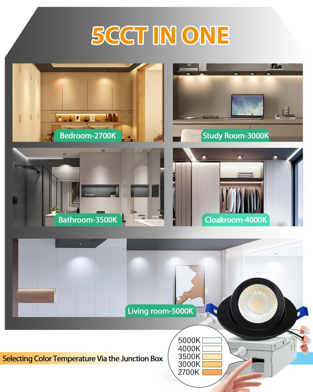 3 Inch Gimbal LED Recessed Lights, 5CCT, 7W 800LM, Black 1 Pack