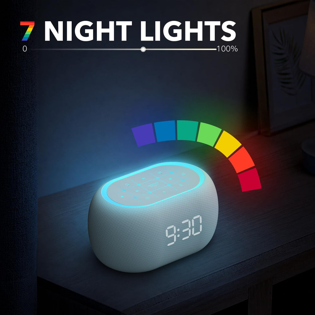 White Noise Sound Machine Alarm Clock with Bluetooth Speaker, 21 Relaxing Sounds, 7 Night Lights,0-100% Dimmer/Sleep