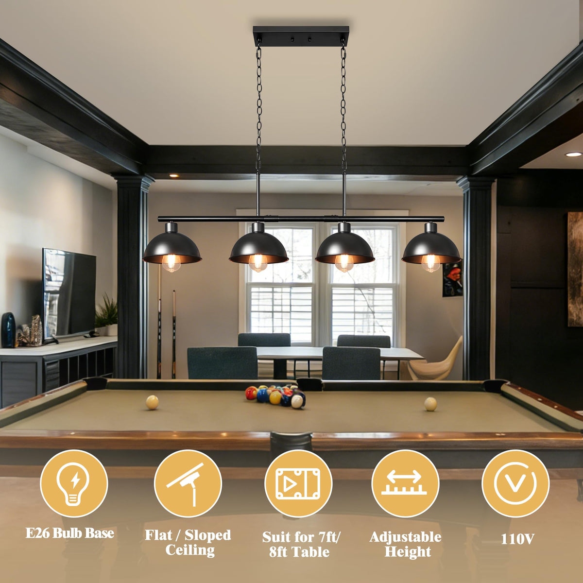 Pool Table Light for 7' 8' Adjustable Billiard Lights Hanging Over Pool Table Lights, 4 Light Industrial Chandelier