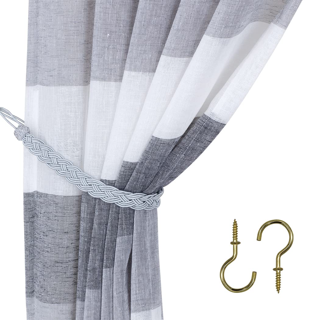 Handwoven Rope Curtain Tiebacks for Drapes, 6 Pack Rope Holdbacks with Hooks, 23 Inch Long Polyester and Cotton