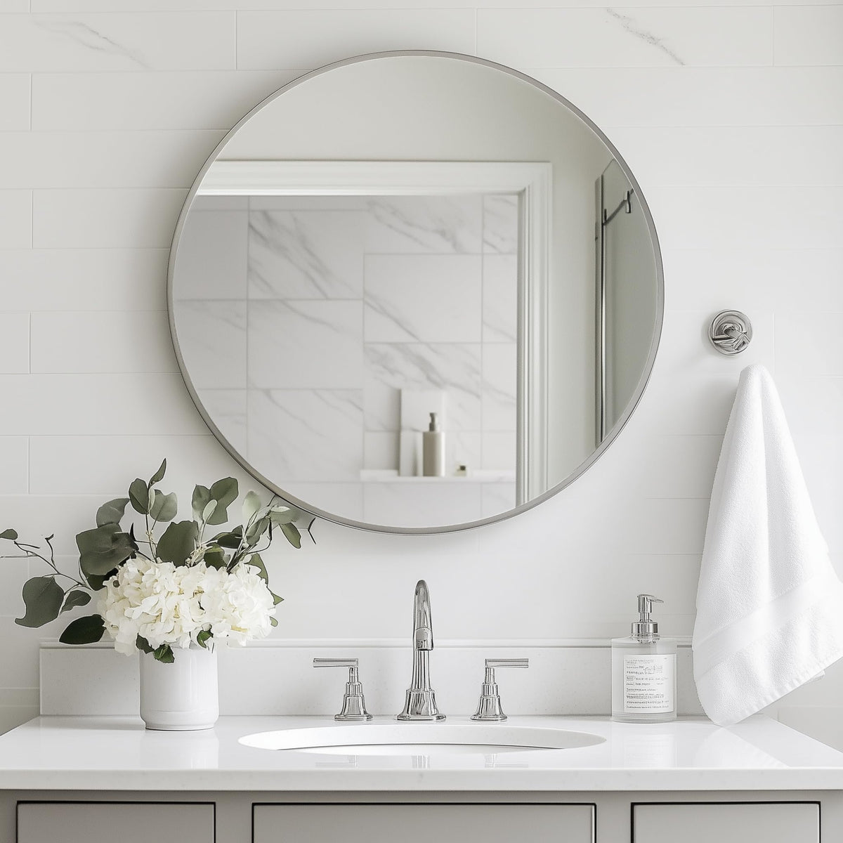 Round Mirror, 24 inch Silver Circle Mirror,Bruhsed Nickel Metal Frame