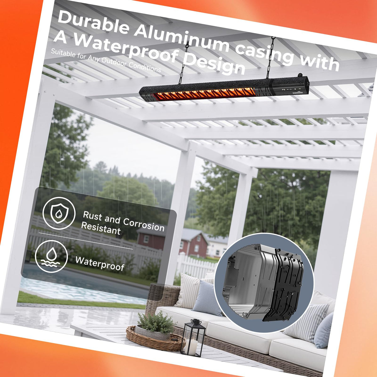 Ceiling Electric Outdoor Heater Wifi Control Wall-Mounted Hanging Patio 1500W Infrared 9 Heat Levels, 24H Timers