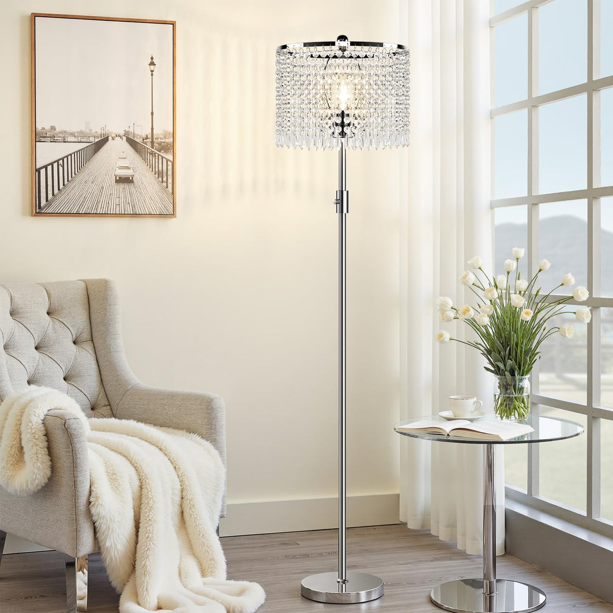 Upgraded: Dimmable Crystal Floor Lamps, 1000LM LED Bulb Included, Standing Lamp with Knob Switch, Tall Silver Modern