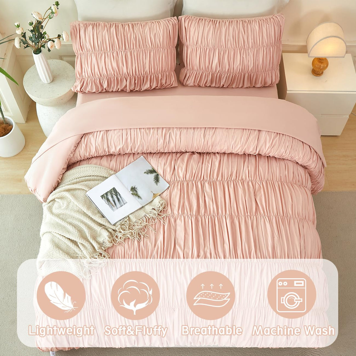 Blush Bed in a Bag 5-Piece Boho Ruched Bedding Comforter Set Soft Luxury Fluffy Pleated Textured Pink