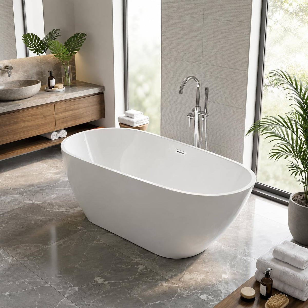 67" Deep Soaking Bathtub, Non-Slip Acrylic Tub with Chrome Drain, cUPC Certified, Ergonomic Modern Bath for Bathrooms