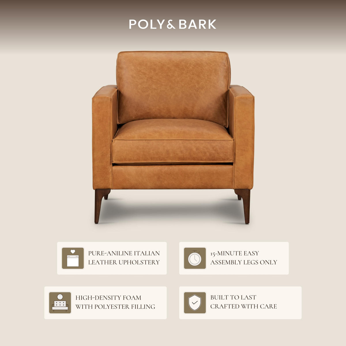 & BARK Mateo Leather Lounge Chair - Cognac Tan Full-Grain Leather Upholstery - Modern Upholstered Accent Chair