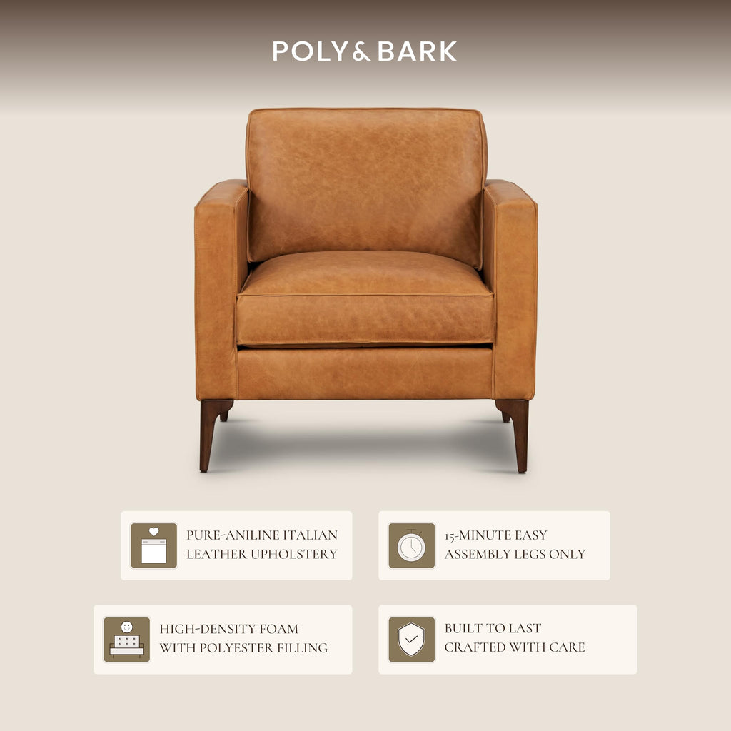 & BARK Mateo Leather Lounge Chair - Cognac Tan Full-Grain Leather Upholstery - Modern Upholstered Accent Chair