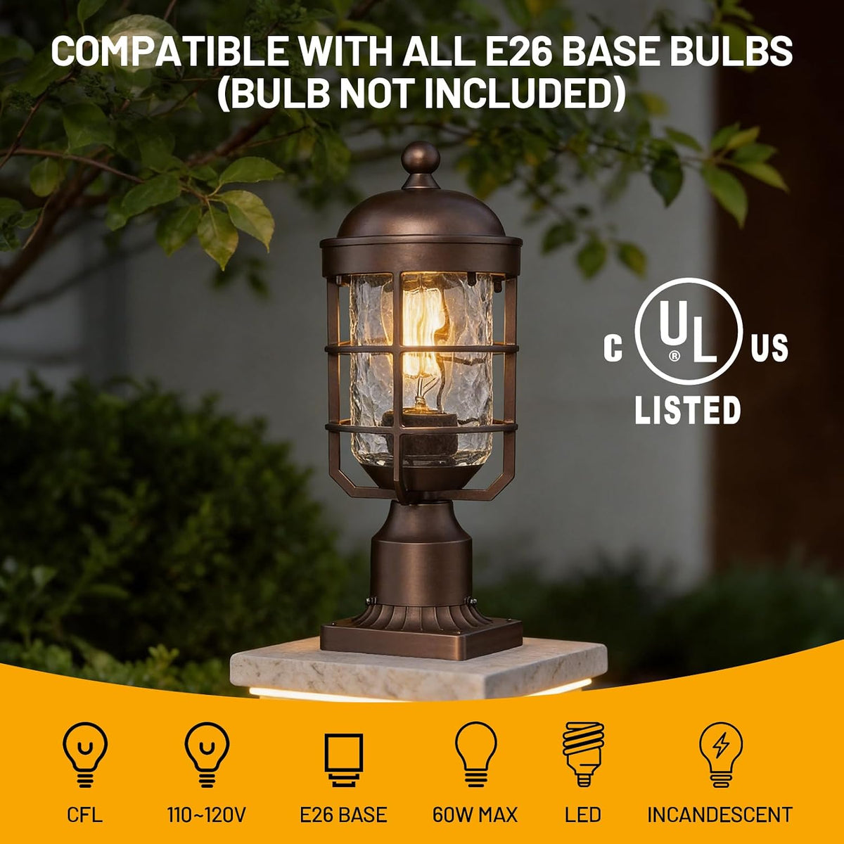 Outdoor Post Lights Lamp Post Light Fixture with Water Ripple Glass Industrial Lantern Cage