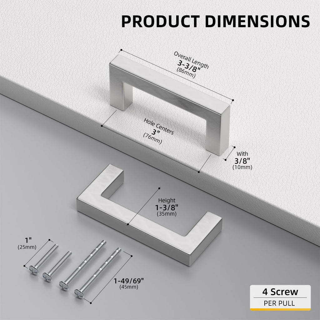 Brushed Nickel Cabinet Pulls 80 Pack 3-3/4 Inch, Square Drawer Handles, Stainless Steel, Screws Included, Silver
