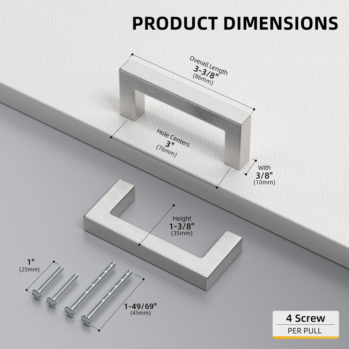 Brushed Nickel Cabinet Pulls 80 Pack 3-3/4 Inch, Square Drawer Handles, Stainless Steel, Screws Included, Silver