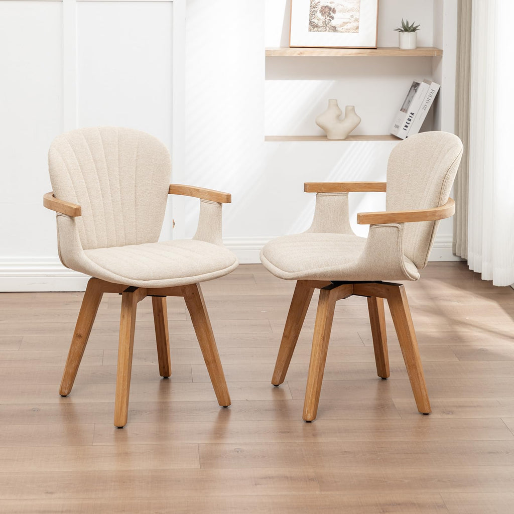 Swivel Dining Chairs Set of 2 with Arms Mid Century Modern Beige Charcoal Linen Look Fabric Kitchen Chairs, Bamboo