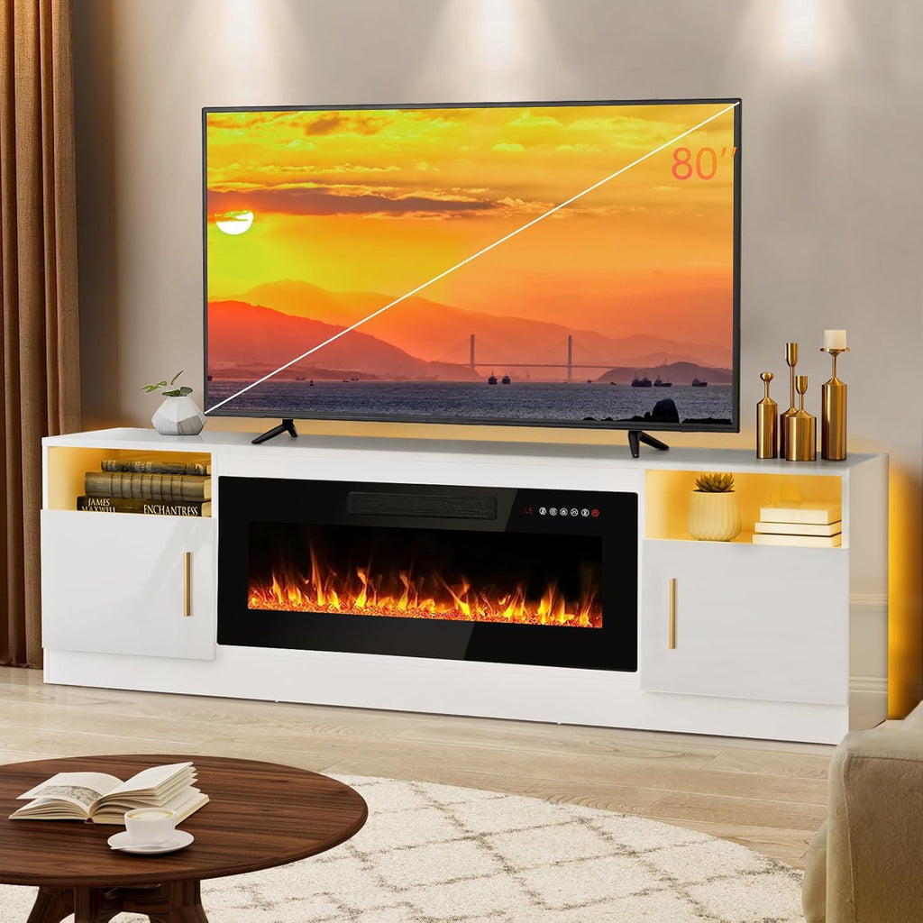 Fireplace tv Stand with 36 inch Fireplace Up to 80" TVs,LED Light Entertainment Center and Storage, 70" Modern Wood Media TV Console with Highlight Cabinet for Living Room (White)